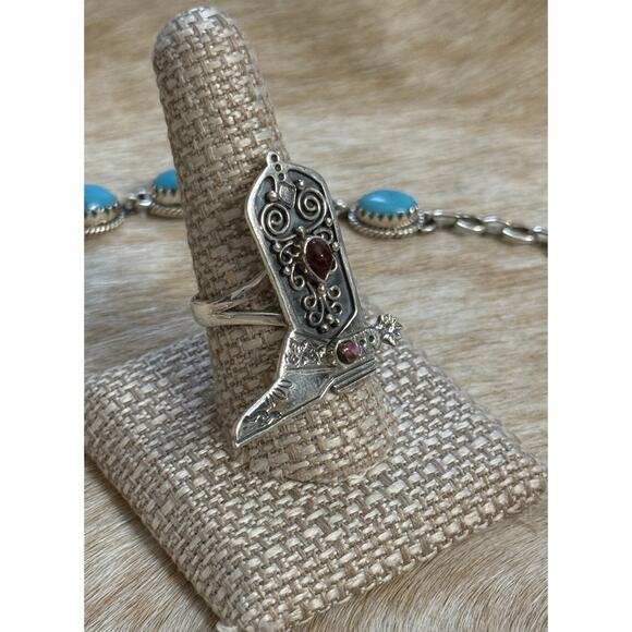 Native American SW Sterling Red Rose Pink Dahlia Western Cowboy Barbie Boot Ring - Picture 4 of 12